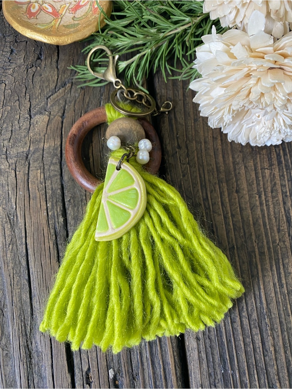 Lime Slice Bag Charm with Mini Wooden Bangle